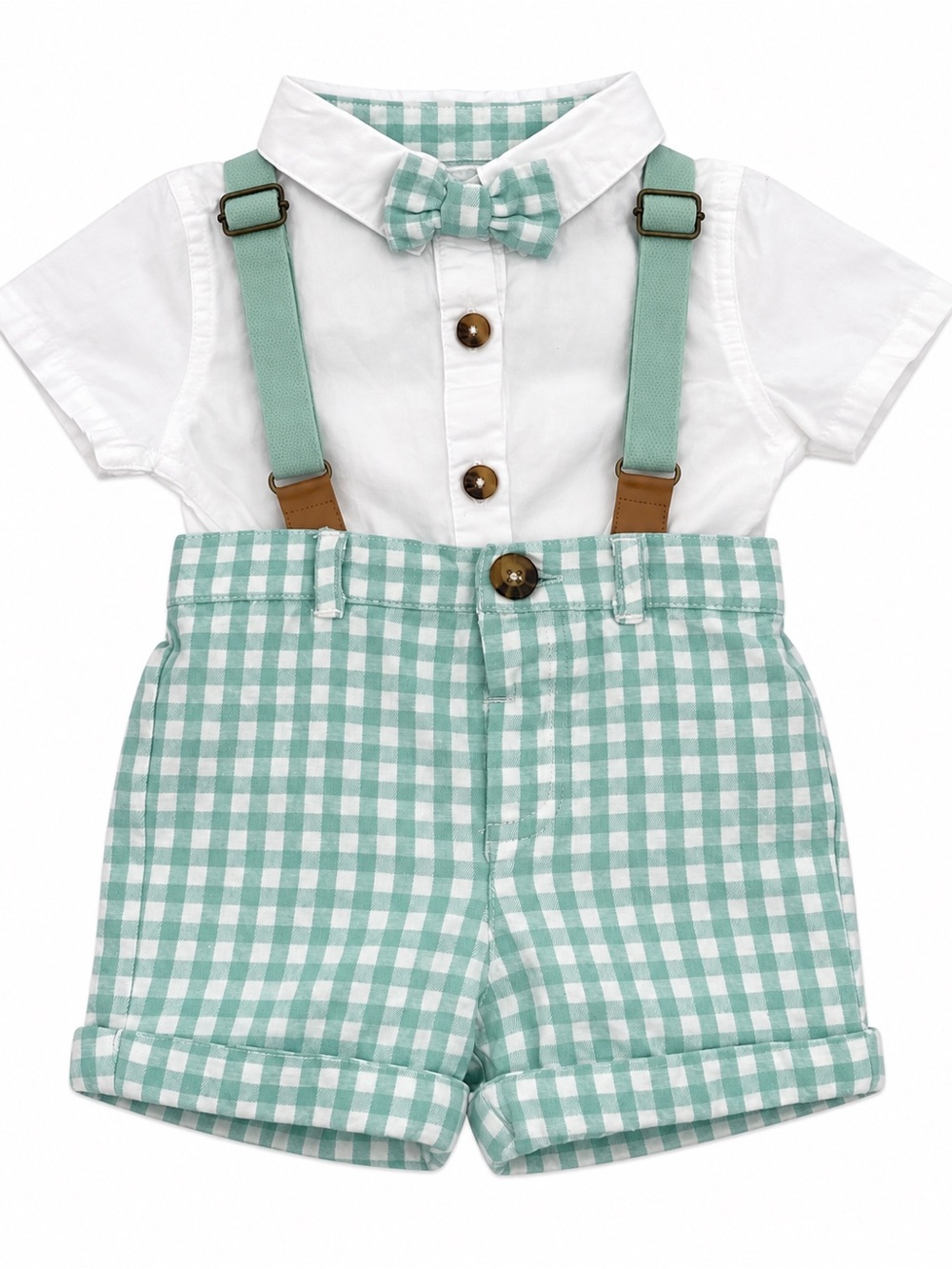 Tommy Bahama white and green gingham baby boy set with suspenders in size 3-6M